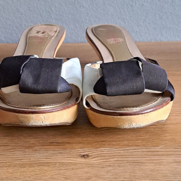 Kate Spade Vintage Women’s 8 Black Bow Kitten Heel Open Toe Sandals Clogs Wood - Picture 2 of 11